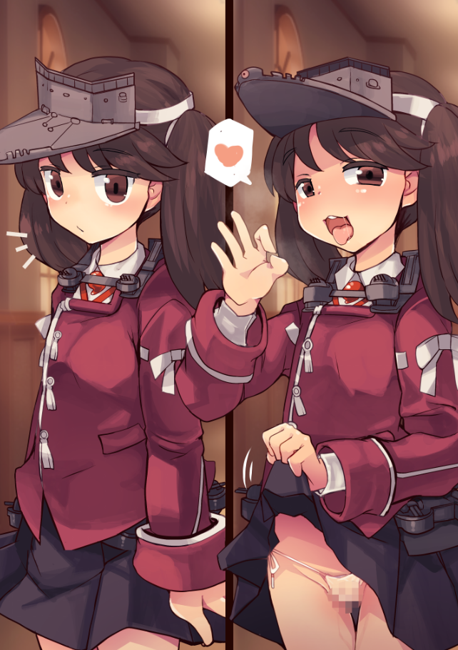 1girl blush brown_eyes brown_hair clothes_lift fellatio_gesture handjob_gesture hat japanese_clothes kantai_collection lifted_by_self lillithlauda long_hair long_sleeves magatama naughty_face open_mouth oral_invitation panties pleated_skirt ryuujou_(kancolle) sexually_suggestive side-tie_panties skirt skirt_lift tongue tongue_out twintails underwear visor_cap