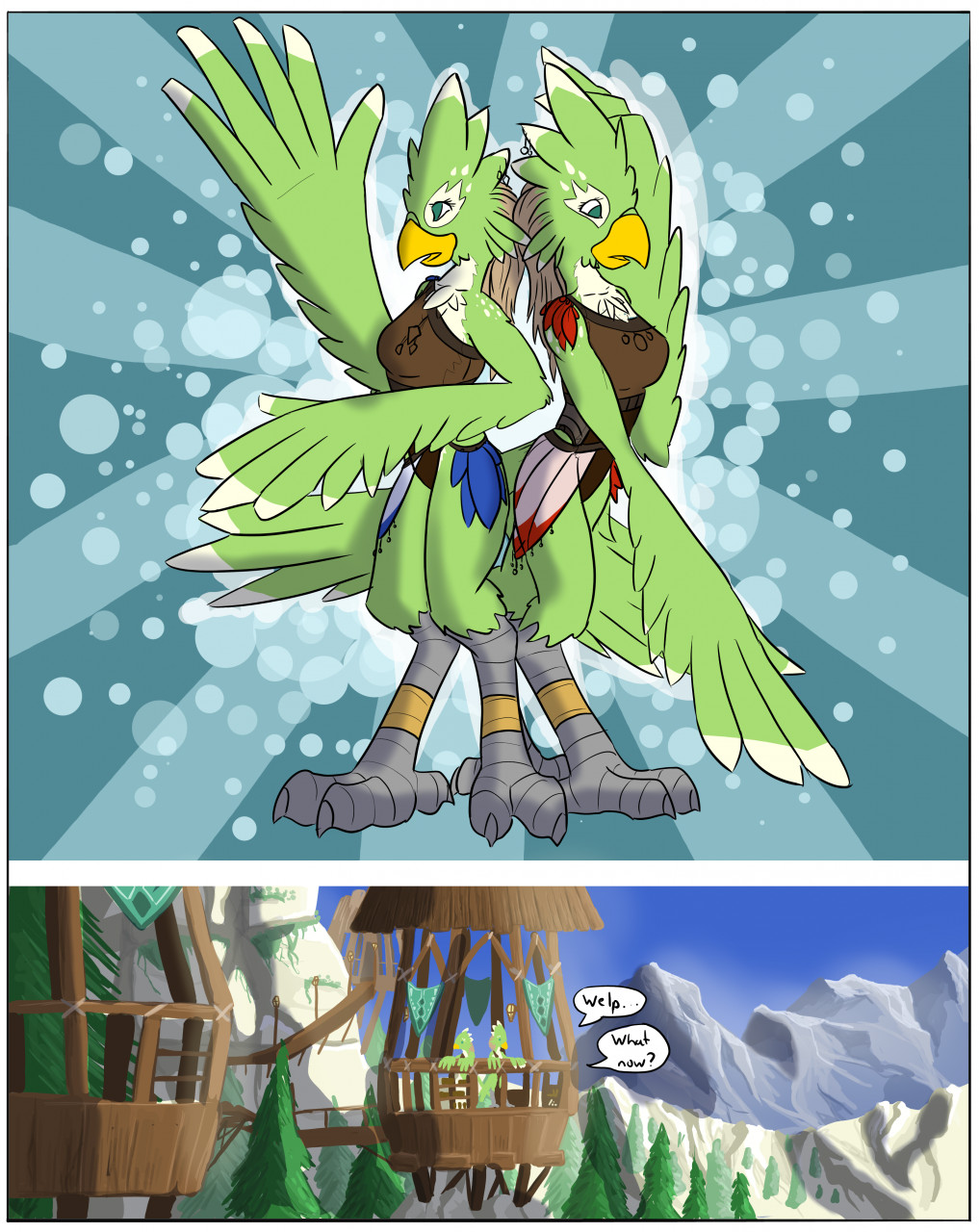 after_transformation anklet anthro avian avian_feet avian_legs bird_legs blonde_hair breasts colored comic confusion dialogue duo english_text feathers female gender_transformation green_body green_eyes green_feathers grey_legs hair hi_res jewelry long_hair looking_at_self medium_breasts mtf_transformation nintendo rito rito_village schmen species_transformation speech_bubble text the_legend_of_zelda transformation tribal_clothing wings
