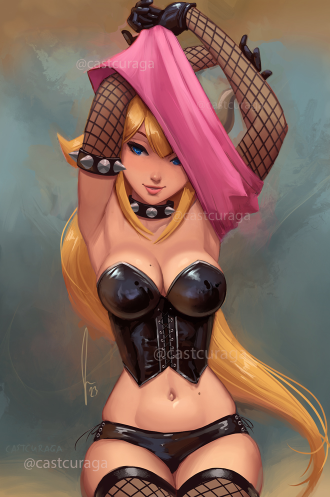 1girl armlet arms_up artist_name blonde_hair blue_eyes bowsette bracelet breasts cleavage collar crown earrings fishnet_thighhighs fishnets horns jewelry justin_paul large_breasts mario_(series) navel new_super_mario_bros._u_deluxe ponytail signature single_bare_shoulder sitting spiked_bracelet spiked_collar spikes stomach super_crown thighhighs undressing watermark