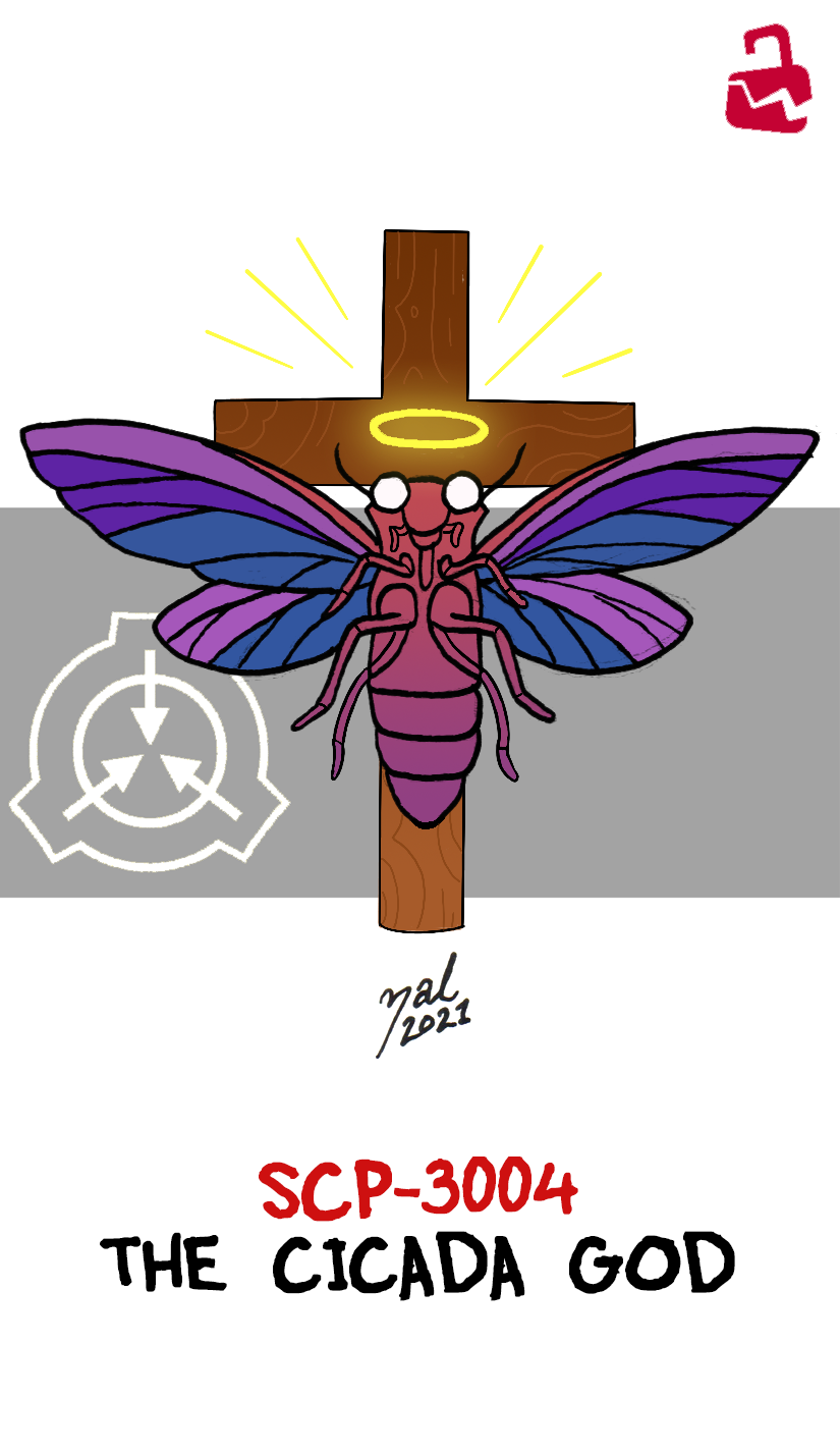 2021 2_antennae 4_wings 6_legs ambiguous_gender antennae_(anatomy) arthropod arthropod_abdomen black_text blue_wings broken_lock_symbol character_name christianity cicada colored cross crucifix crucifixion dated digital_drawing_(artwork) digital_media_(artwork) empty_eyes english_text exoskeleton feral front_view full-length_portrait halo hexapod hi_res insect lock_symbol mandibles multi_wing multicolored_wings portrait purple_body purple_exoskeleton purple_wings red_lock_symbol red_text religion scp-3004-1 scp_foundation signature simple_background solo spread_wings text white_background white_eyes wings wood yellow_emanata yellow_halo zal-cryptid