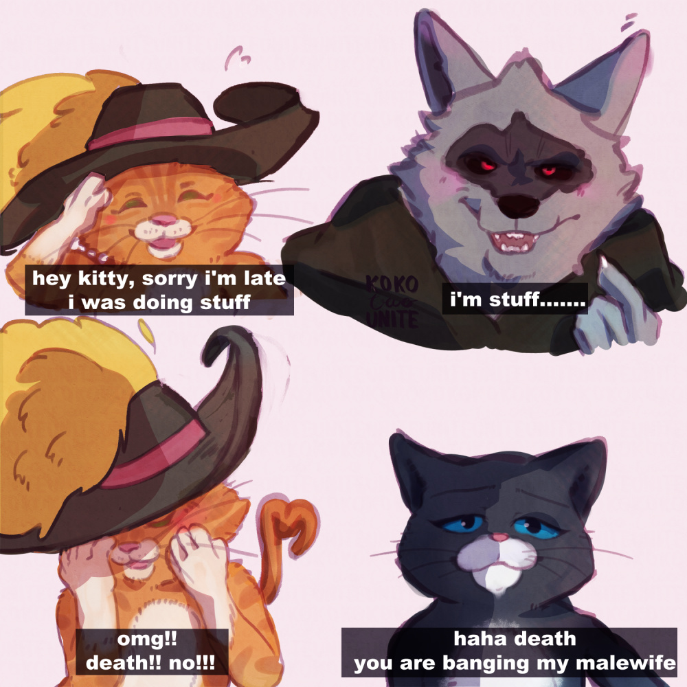 &lt;3 1:1 2023 angry_eyes anthro apology big_ears big_hat black_body black_ears black_eyes black_fur black_nose black_sclera blue_sclera blush canid canine canis claws cloak cloak_only clothed clothing death_(puss_in_boots) dialogue dialogue_box domestic_cat dreamworks ellipsis embarrassed embarrassed_nude_anthro embarrassed_nude_male english_text exclamation_point eyelashes eyes_closed fangs felid feline felis female frown fur gesture glistening glistening_eyes grey_body grey_ears grey_fur group half-closed_eyes hand_on_face hand_on_head happy hat hat_only head_tilt headgear headgear_only headwear headwear_only humor i'm_stuff kitty_softpaws laugh long_tail looking_at_viewer looking_away male male/male mammal meme mostly_nude multicolored_body multicolored_fur narrowed_eyes nude open_mouth orange_body orange_fur orange_tail pink_nose pointing pointing_at_self pourwatter pupils puss_in_boots_(dreamworks) puss_in_boots_(film) puss_in_boots_the_last_wish red_eyes sad sad_eyes shadow sharp_teeth simple_background small_fangs small_pupils smile smiling_at_viewer striped_body striped_fur stripes tail tail_gesture tail_heart teeth text toony trio two_tone_body two_tone_fur whiskers white_background white_body white_fur wolf