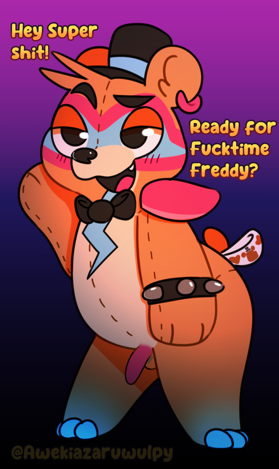 anthro awekiazaruwulpy balls bear beckoning bow_tie clothing five_nights_at_freddy's five_nights_at_freddy's:_security_breach genitals gesture glamrock_freddy_(fnaf) hat headgear headwear hi_res male mammal penis piercing plushie scottgames simple_background smile solo steel_wool_studios text young