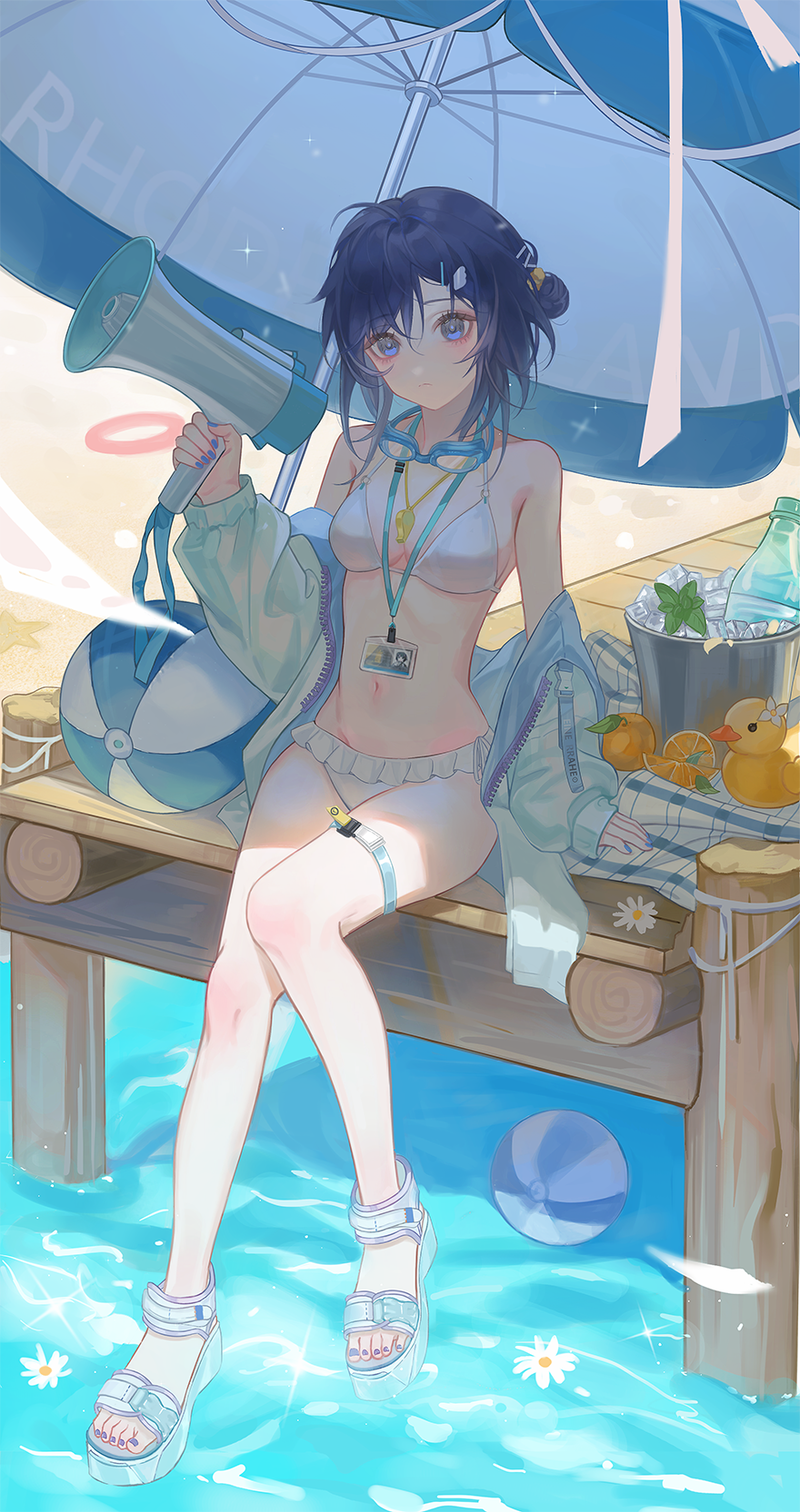 1girl arknights ball beachball bikini black_hair blue_eyes bottle breasts day dock feet food fruit highres holding holding_megaphone ice_bucket id_card knees_together_feet_apart la_pluma_(arknights) la_pluma_(summer_flowers)_(arknights) lanyard legs medium_breasts megaphone nail_polish navel official_alternate_costume orange_(fruit) orange_slice rubber_duck sand sandals shade short_hair solo stomach swimsuit toenail_polish toenails toes umbrella water white_bikini white_footwear yutsuki_(pixiv4894196)