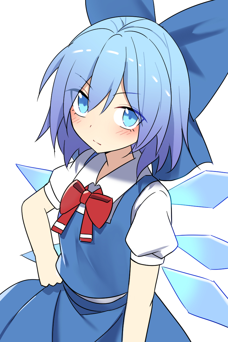 1girl blue_bow blue_eyes blue_hair blue_skirt blue_vest blush bow cirno closed_mouth collared_shirt detached_wings e.o. fairy hair_between_eyes hair_bow highres ice ice_wings looking_at_viewer shirt short_hair short_sleeves simple_background skirt solo touhou upper_body vest white_background white_shirt wings