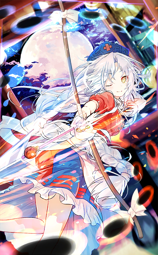 1girl arrow_(projectile) attack blue_dress blue_headwear blush_stickers bow_(weapon) breasts closed_mouth cloud cloudy_sky collar collared_dress cross danmaku drawing_bow dress eientei frilled_dress frills from_side full_moon hat holding holding_arrow holding_bow_(weapon) holding_weapon long_braid long_hair looking_at_viewer moon night nurse_cap nuudoru official_art one_eye_closed parted_bangs puffy_short_sleeves puffy_sleeves red_cross red_dress short_sleeves sky smile touhou touhou_cannonball trigram two-tone_dress very_long_hair weapon white_collar white_hair yagokoro_eirin yellow_eyes
