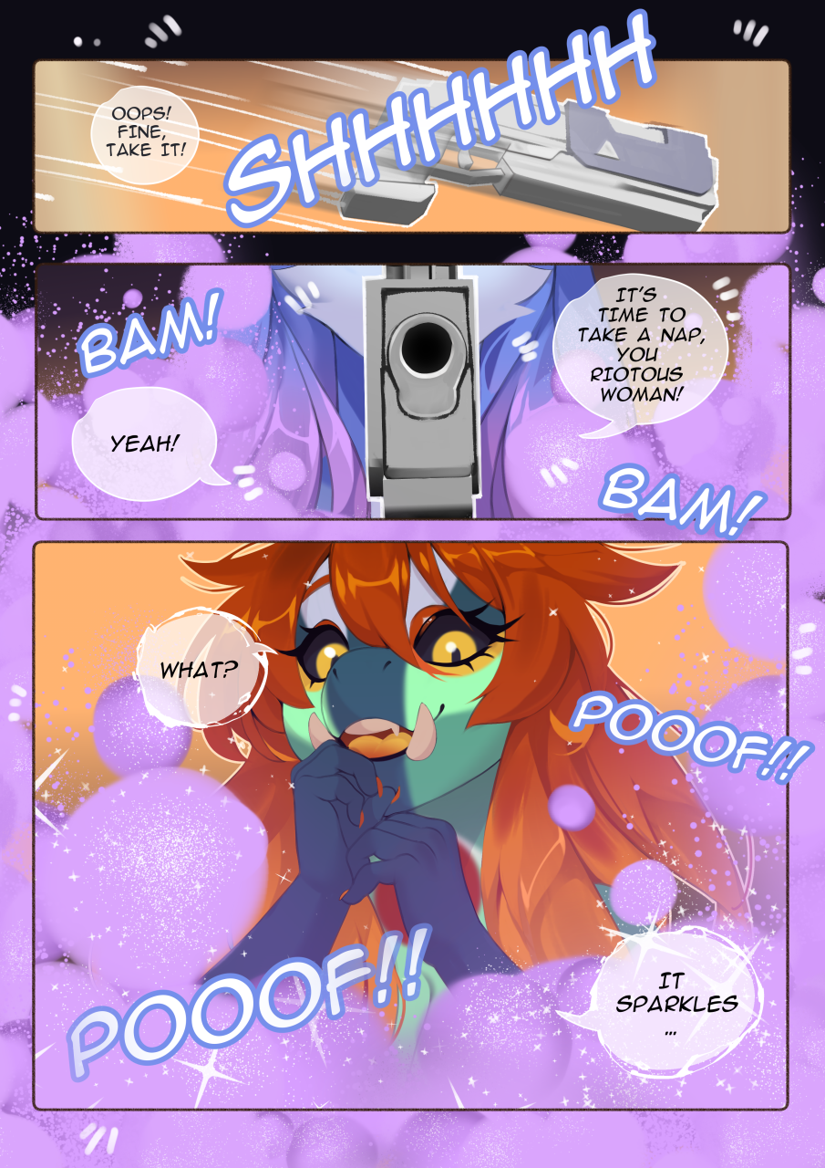 anthro black_sclera claws dialogue english_text female gun hi_res onomatopoeia ranged_weapon reptile scalie sorafoxyteils sound_effects speech_bubble text tusks weapon yellow_eyes