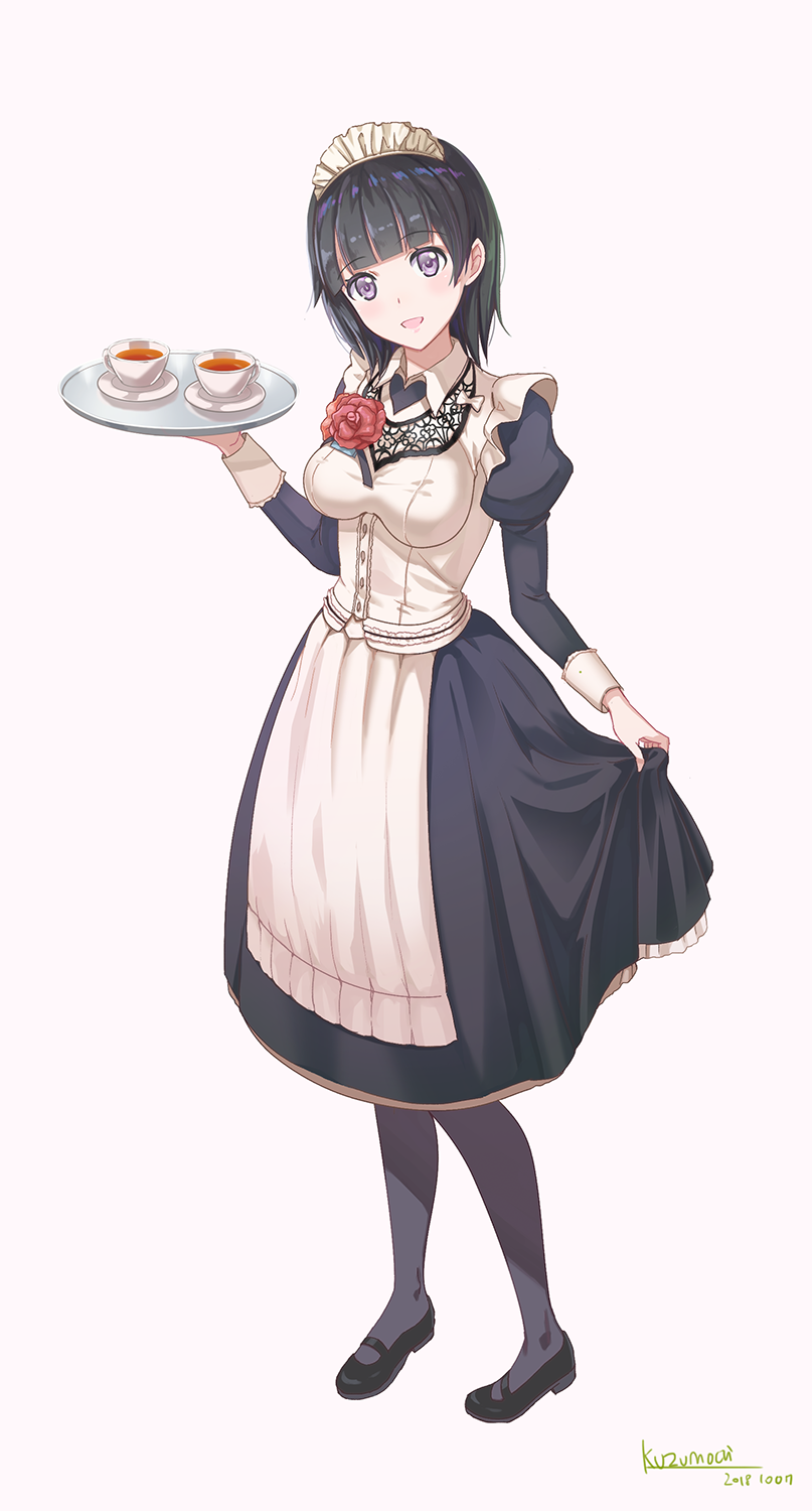 1girl :d akiba's_trip apron black_dress black_footwear black_hair blunt_bangs breasts collared_dress commentary_request cup dated dress full_body grey_pantyhose highres holding holding_tray juliet_sleeves kuzumochi_(kuzumochiya) long_sleeves looking_at_viewer maid maid_headdress medium_breasts pantyhose pink_background puffy_sleeves purple_eyes sara_(akiba's_trip) saucer shoes signature simple_background smile solo standing tea teacup tray white_apron