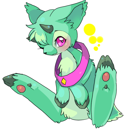 2008 ambiguous_gender blush collar digital_media_(artwork) eyelashes feral fluffy fur green_body green_fur hooves horn ixi_(neopets) jumpstart_games kemono legs_up looking_away looking_up low_res mouth_closed neopet_(species) neopets pink_collar shaded simple_background sitting solo suppainu three-quarter_view