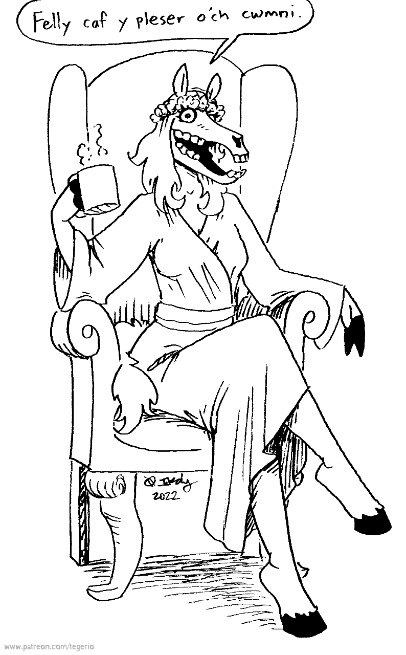 2022 anthro black_and_white bone breasts chair christmas clothed clothing container crossed_legs cup dialogue equid female fingers fur furniture hair hi_res holidays hooved_fingers hooves mammal mari_lwyd monochrome robe sitting skull skull_head solo tail tegerio text