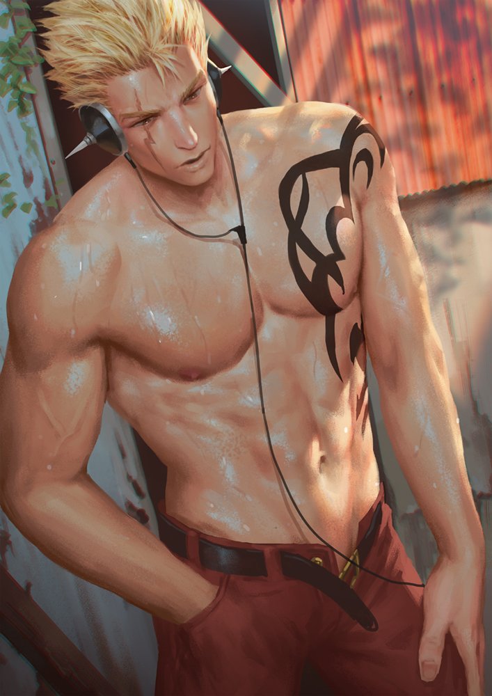 1boy abs bara belt black_belt blonde_hair chest_tattoo facial_mark fairy_tail hand_in_pocket large_pectorals laxus_dreyar male_focus muscular muscular_male navel nipples open_belt pants parted_lips pectorals penguin_frontier red_pants short_hair solo tattoo topless_male