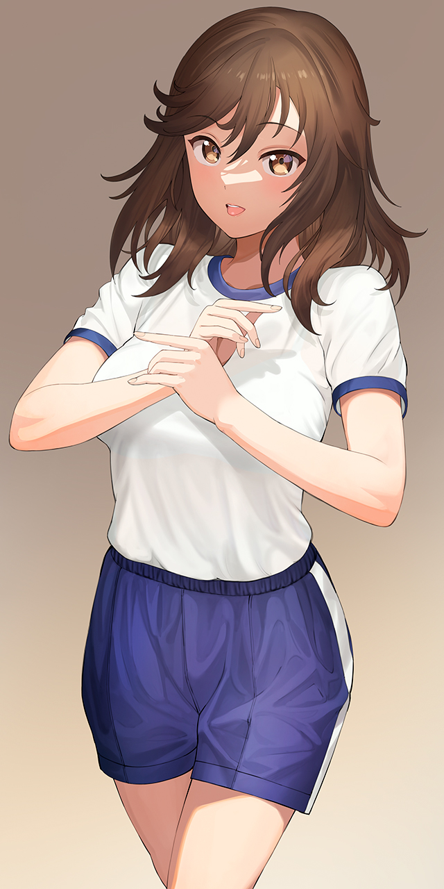 1girl a1 blue_shorts breasts brown_background brown_hair commentary_request gradient_background gym_shirt gym_uniform hair_between_eyes highres ichijou_hotaru looking_at_viewer medium_breasts medium_hair non_non_biyori open_mouth shirt short_sleeves shorts solo thighs tongue tongue_out white_shirt