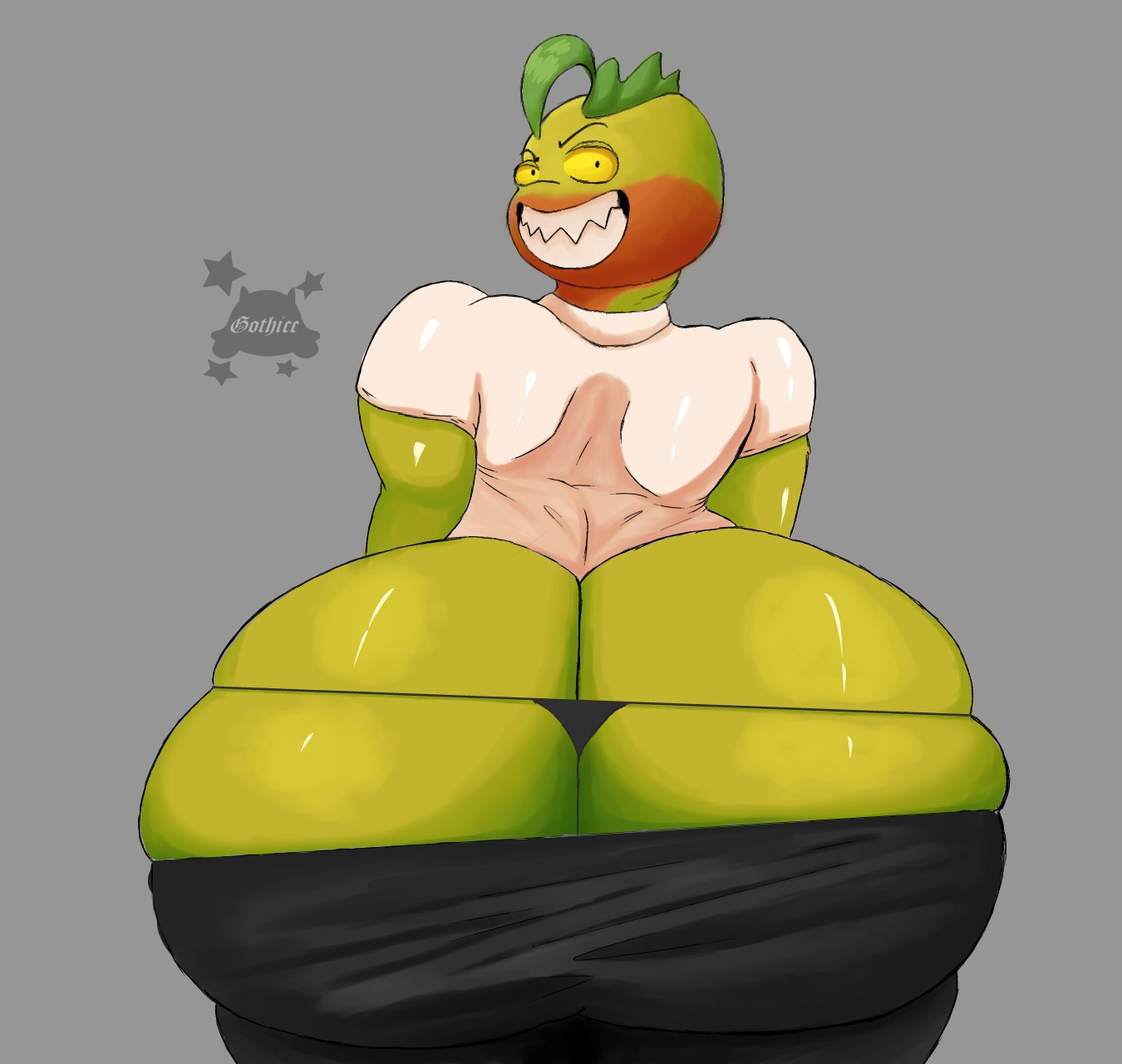 anthro big_butt bottomwear bottomwear_down butt clothed clothing dot_eyes dreamworks fish gothicc green_body hi_res huge_butt looking_at_viewer looking_back male marine mr._piranha_(the_bad_guys) pants pants_down partially_clothed piranha_(fish) serrasalmid sharp_teeth shirt smile solo teeth the_bad_guys thong topwear underwear yellow_sclera