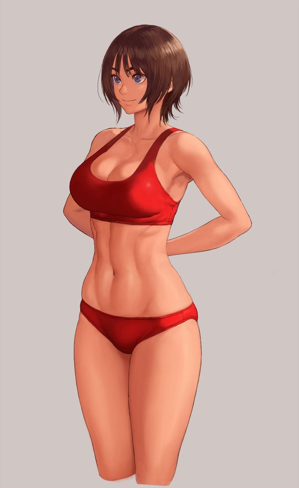 1girl arms_behind_back blue_eyes breasts brown_hair buruma closed_mouth commentary cropped_legs grey_background large_breasts long_bangs muscular muscular_female navel original red_buruma red_sports_bra short_hair shu-mai simple_background smile solo sports_bra