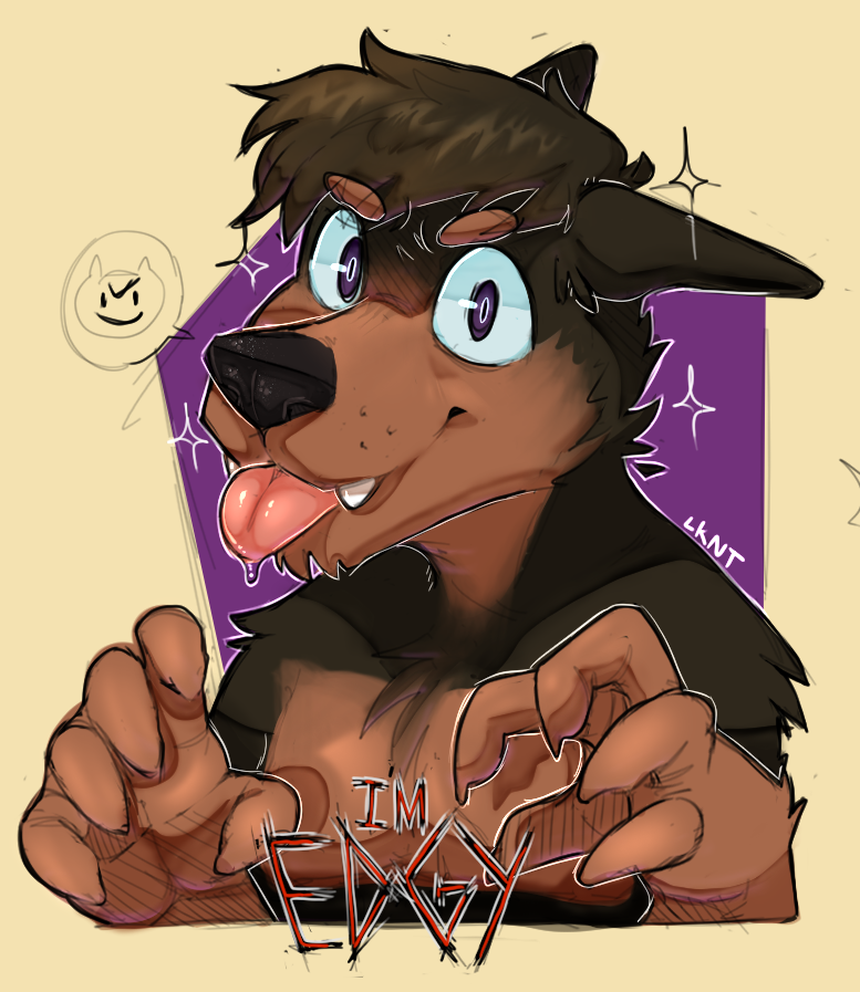 anthro black_nose blep brown_body brown_fur brown_hair canid canine canis dobermann domestic_dog english_text fangs fur hair looking_at_viewer lowkey_nottoast male mammal pinscher portrait purple_eyes smile snoop_(snoopydoggeh) solo sparkles teeth text tongue tongue_out