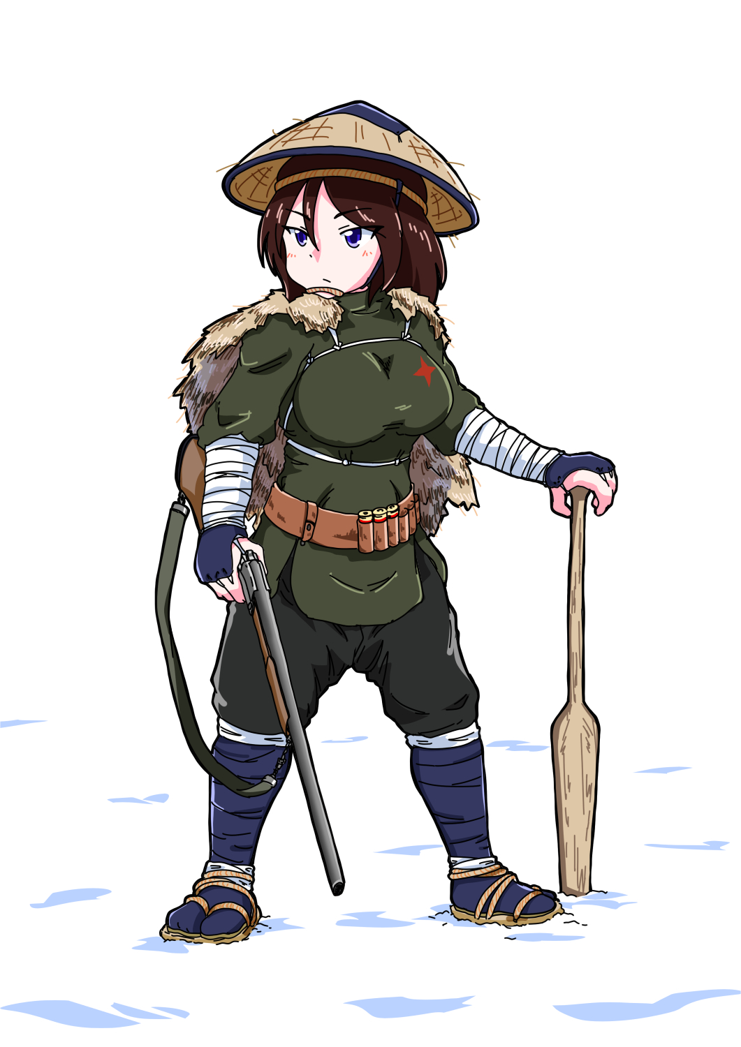 1girl 7654_dog adapted_costume ajirogasa ammunition_belt arm_wrap baseball_bat belt black_hair black_pants blue_eyes brown_belt brown_footwear brown_headwear cape closed_mouth coat commentary day frown full_body fur_cape girls_und_panzer gloves green_coat gun half_gloves hat highres holding holding_baseball_bat holding_gun holding_weapon japanese_clothes leg_wrap long_hair looking_to_the_side nonna_(girls_und_panzer) outdoors pants pravda_school_uniform revolver sandals school_uniform simple_background snow solo standing swept_bangs weapon white_background