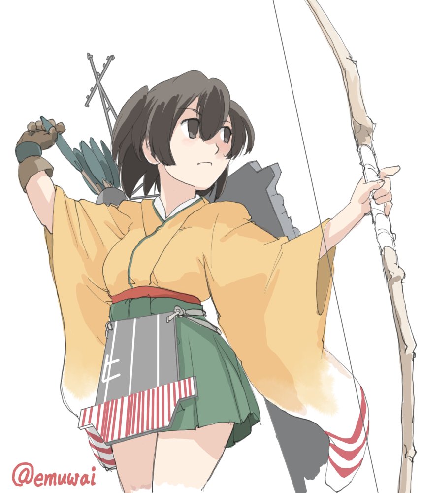 1girl archery bow_(weapon) emuwai flight_deck gloves green_hakama hakama hakama_skirt hiryuu_(kancolle) japanese_clothes kantai_collection kimono kyuudou one_side_up orange_kimono partially_fingerless_gloves quiver side_ponytail simple_background skirt solo twitter_username weapon white_background yellow_kimono yugake