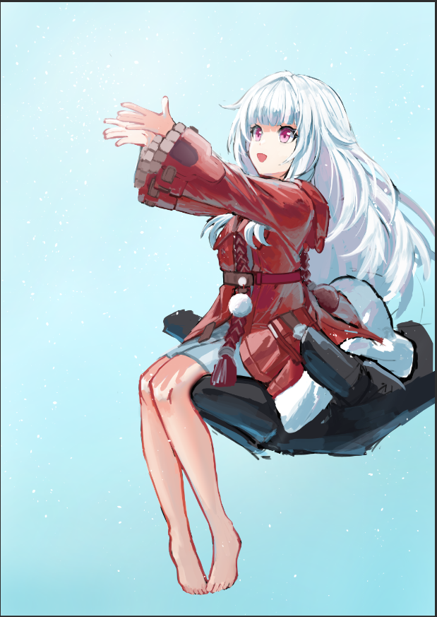 1girl axis_pr bare_legs barefoot braid clara_(honkai:_star_rail) coat fur_trim hands_up held_up honkai:_star_rail honkai_(series) long_eyelashes long_hair looking_up pale_skin purple_eyes red_coat simple_background skirt smile snow white_hair