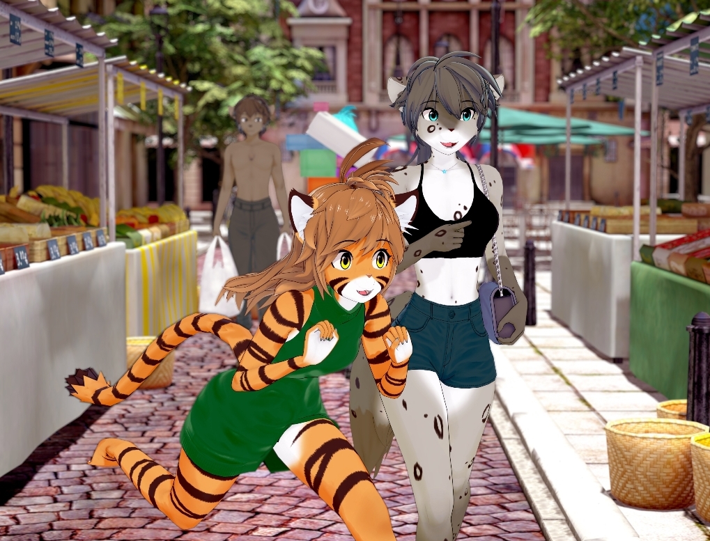 anthro brown_body brown_fur brown_hair canid canine canis clothing felid feline female flora_(twokinds) fur group hair kathrin_vaughan male mammal shirtless_anthro shirtless_male shopping smile standing trio twokinds unknown_artist webcomic webcomic_character wolf zen_(twokinds)