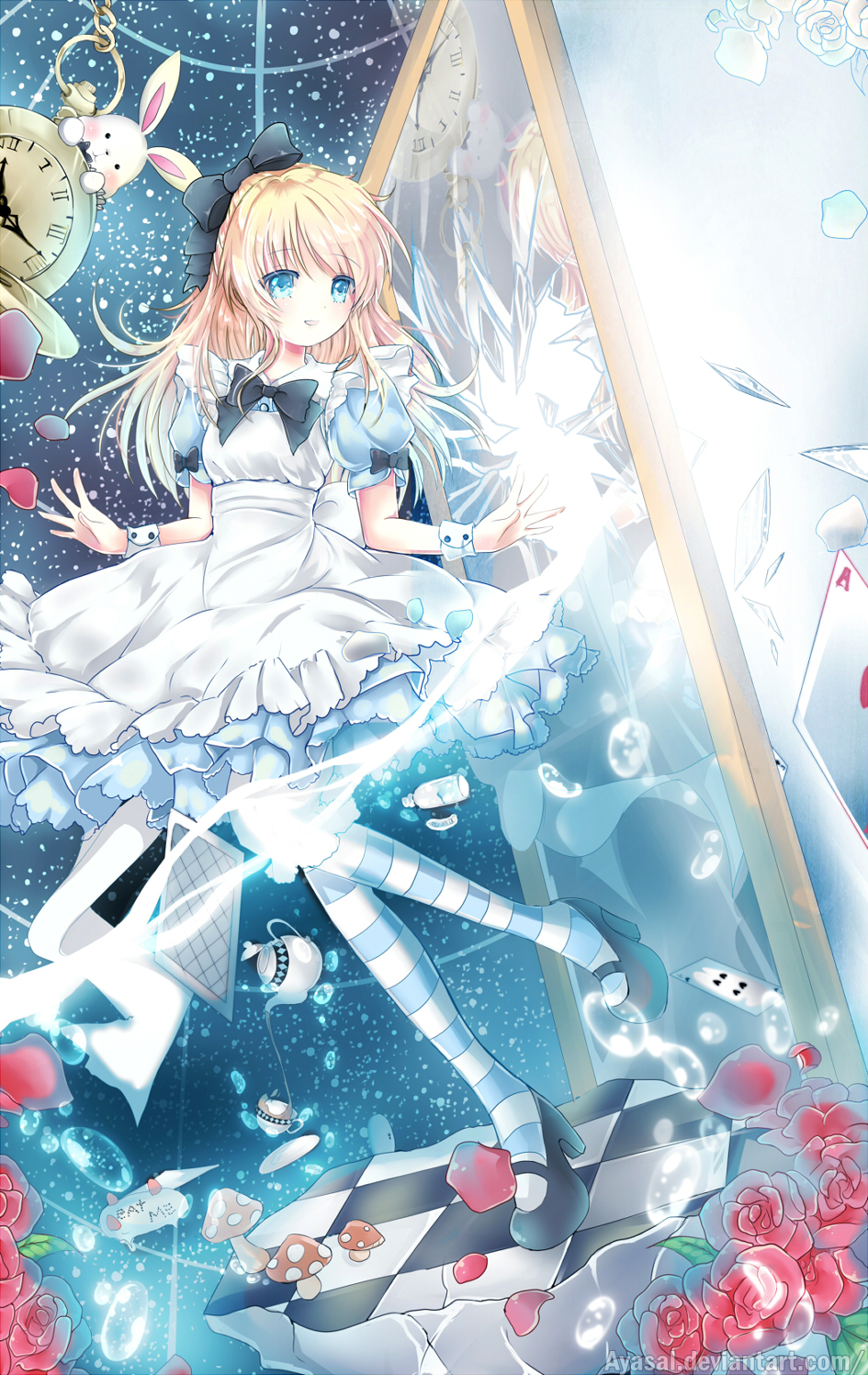 1girl :d ace ace_of_hearts alice_(alice_in_wonderland) alice_in_wonderland apron artist_name ayasal back_bow black_bow black_bowtie black_footwear blonde_hair blue_dress blue_eyes bottle bow bowtie breasts broken_glass broken_mirror bubble card cup dot_nose dress eat_me falling_petals floating_card floating_hair floating_island flower four_of_spades glass glass_shards hair_bow heart high_heels highres layered_dress leaf long_hair looking_at_viewer mirror multicolored_clothes multicolored_legwear mushroom night night_sky open_mouth pantyhose petals playing_card pocket_watch puffy_short_sleeves puffy_sleeves rabbit red_flower red_rose rose rose_petals saucer shoes short_sleeves sky small_breasts smile solo spade_(shape) standing standing_on_one_leg star_(sky) starry_sky striped striped_pantyhose swept_bangs tea teacup teapot watch web_address white_apron white_rabbit_(alice_in_wonderland) white_wrist_cuffs wrist_cuffs