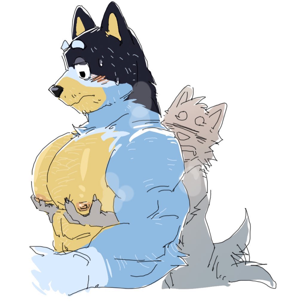 2023 abs anon anthro anthro_on_anthro australian_cattle_dog bandit_heeler biceps big_muscles big_pecs bluey_(series) blush bodily_fluids canid canine canis cattledog colored colored_sketch domestic_dog drooling duo eyebrows frown fur hand_on_chest hand_on_pecs herding_dog male male/male mammal muscular muscular_anthro muscular_male narrowed_eyes nipples nude pastoral_dog pec_grab pec_play pecs reach_around saliva simple_background size_difference sketch smile sweat tail tail_motion tailwag tangdog2 tuft white_background