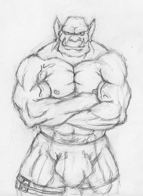 balls_outline black_and_white bottomwear bulge clothing crossed_arms genital_outline gh-mongo graphite_(artwork) humanoid humanoid_pointy_ears invertedreality looking_at_viewer male monochrome muscular muscular_male nipples orc pecs pencil_(artwork) penis_outline shorts sketch solo traditional_media_(artwork) trassk tusks vein veiny_muscles
