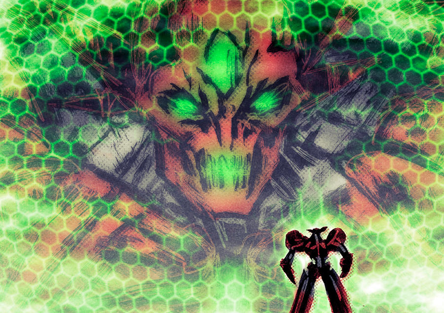 facial_mark forehead_mark getter-1 getter_robo glowing glowing_eyes glowing_mouth green_eyes honeycomb_(pattern) looking_at_viewer mecha monsterification no_humans parody robot science_fiction shinkawa_youji_(style) size_difference style_parody teoft