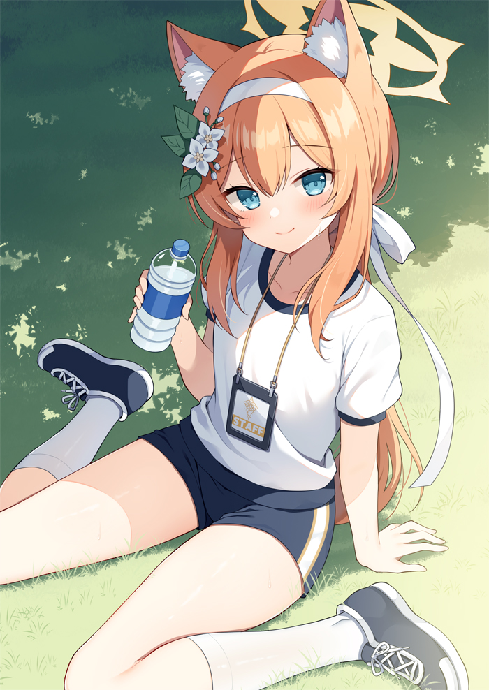 1girl animal_ear_fluff animal_ears aqua_eyes arm_support blue_archive blue_footwear blue_shorts bottle closed_mouth commentary_request day flower gym_shirt gym_uniform hair_flower hair_ornament hairband halo holding holding_bottle long_hair looking_at_viewer mari_(blue_archive) mari_(track)_(blue_archive) mauve official_alternate_costume on_grass orange_hair outdoors plastic_bottle shirt shoes short_sleeves shorts sitting smile socks solo water_bottle white_hairband white_shirt white_socks yellow_halo