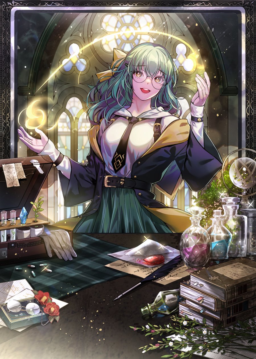 1girl belt belt_buckle book book_stack bookmark bow brown_eyes buckle crystal eu_(euspia) flask glasses glint gloves green_hair hair_between_eyes hair_bow highres hwang_jeong-yeon korean_commentary long_hair long_sleeves necktie novel_illustration official_art open_mouth paper pill plant potion quill regressor's_instruction_manual round_eyewear solo teeth upper_teeth_only vial wide_sleeves