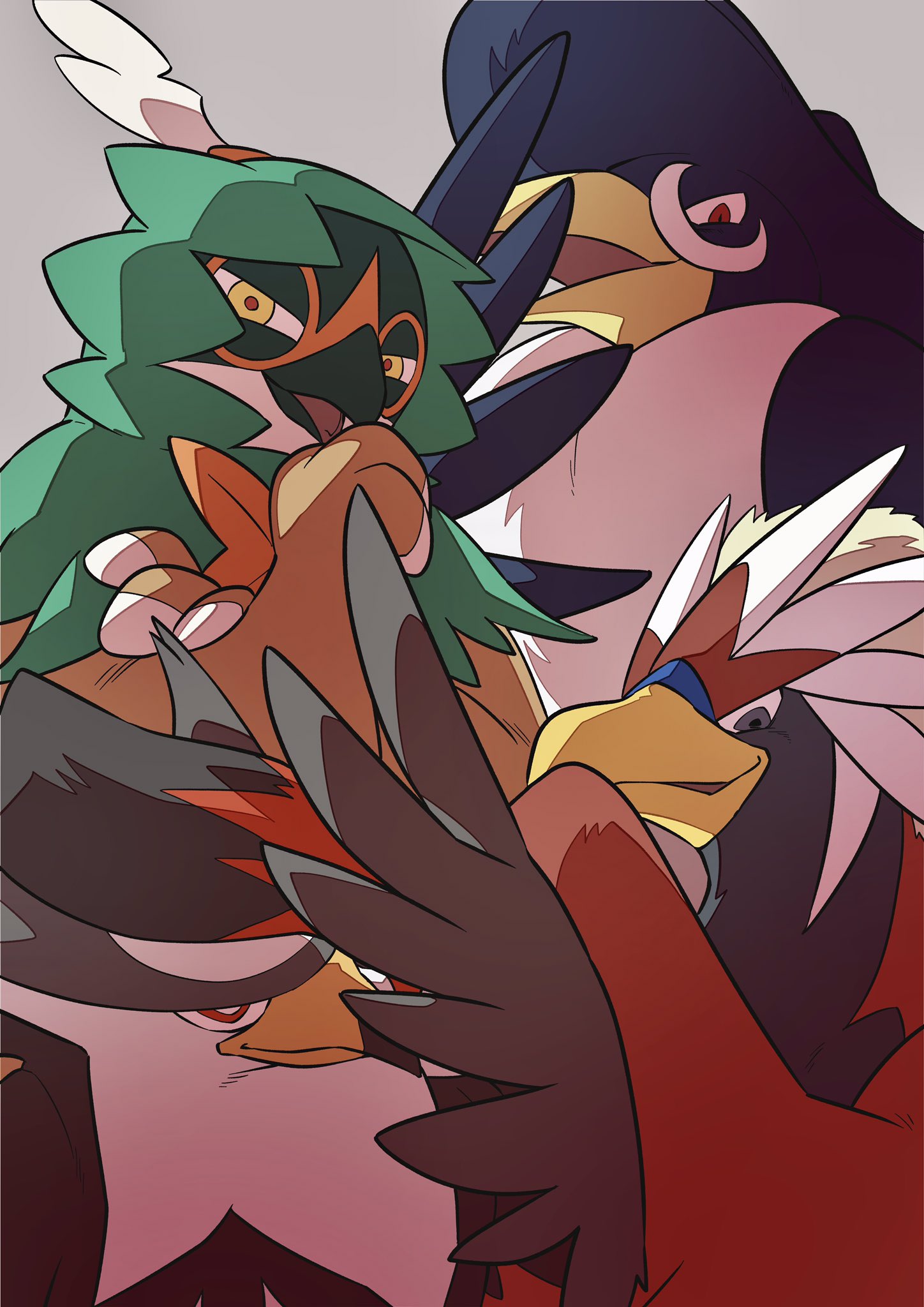 animal_focus bird braviary bright_pupils closed_mouth commentary_request decidueye grey_background highres honchkrow looking_down no_humans open_mouth pkpokopoko3 pokemon pokemon_(creature) red_eyes red_pupils smile staraptor white_pupils yellow_eyes