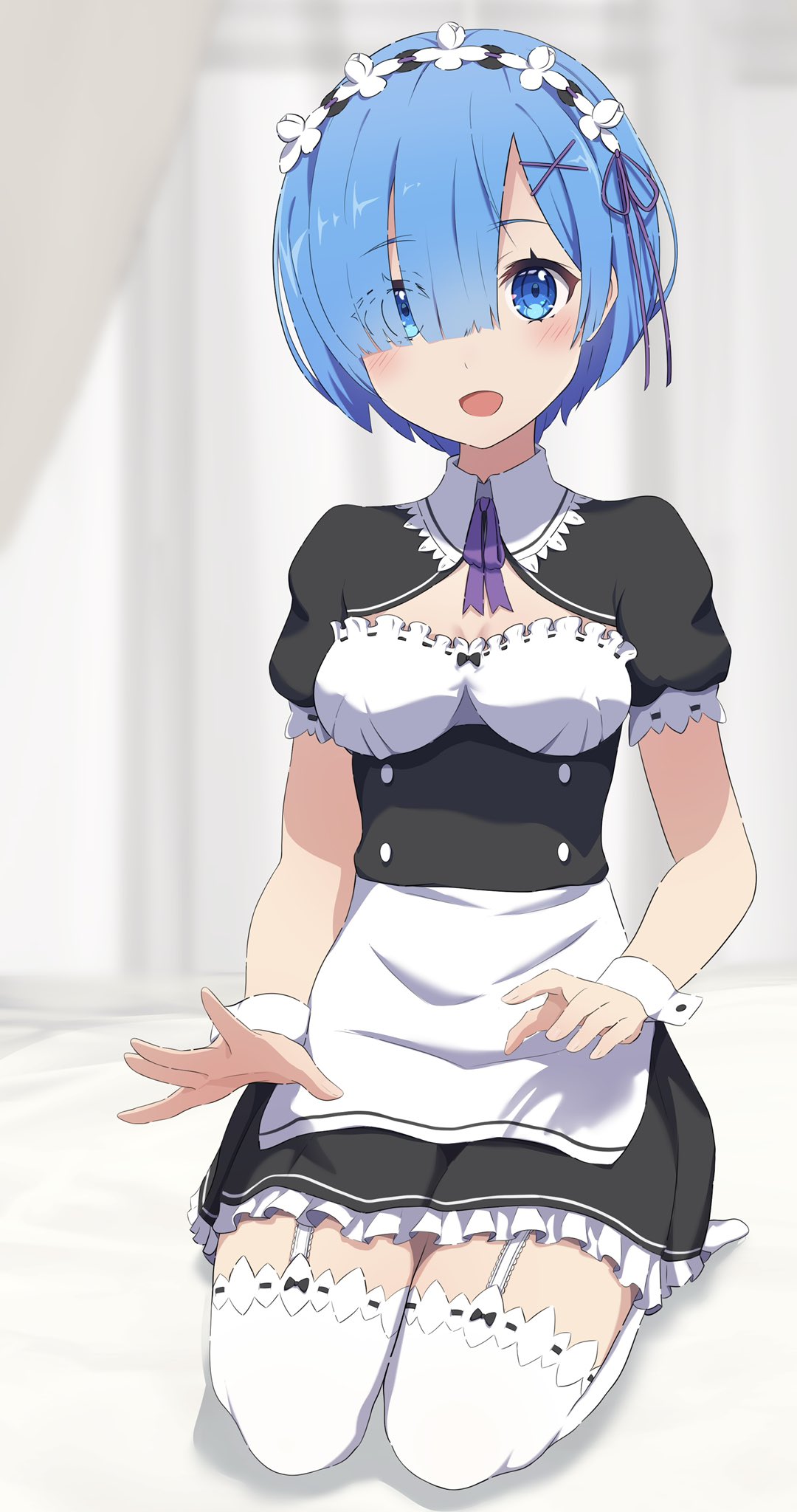 1girl blue_eyes blue_hair blush breasts camui1104 cleavage commentary_request eyes_visible_through_hair hair_ornament hair_over_one_eye hair_ribbon highres kneeling lap_pillow_invitation looking_at_viewer maid maid_headdress medium_breasts open_mouth purple_ribbon re:zero_kara_hajimeru_isekai_seikatsu rem_(re:zero) ribbon ribbon-trimmed_clothes ribbon_trim short_hair solo thighhighs wrist_cuffs x_hair_ornament