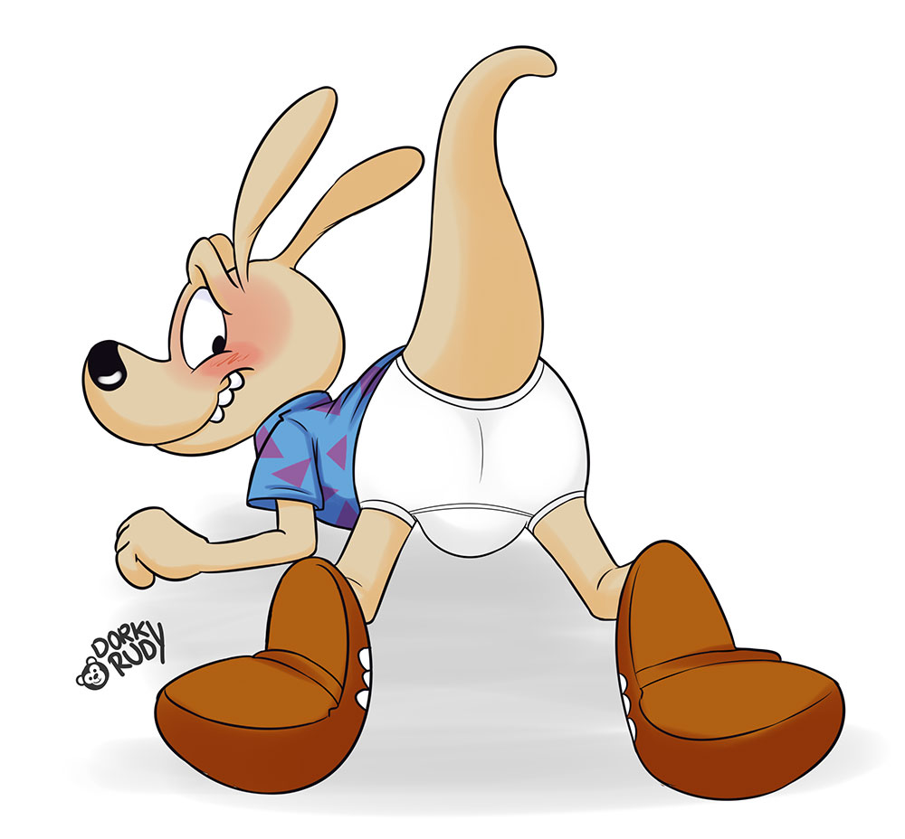 anthro black_nose blush briefs bulge butt clothing dorkyrudy embarrassed footwear kneeling macropod male mammal marsupial nickelodeon pupils_only rocko's_modern_life rocko_rama shirt shoes solo tail tan_body tan_skin teeth topwear underwear wallaby