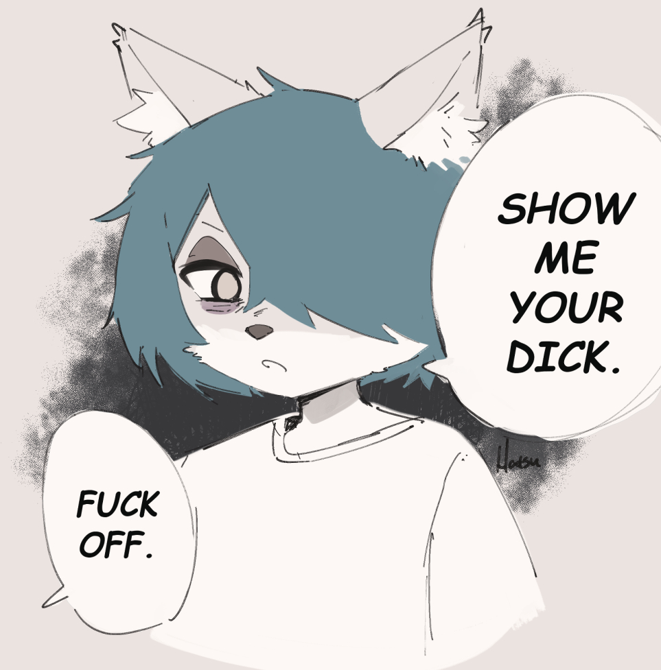 2023 anthro blue_hair canid canine canis clothing dialogue english_text female fur grey_body grey_eyes grey_fur hair hatsumiilkshake mammal open_mouth profanity sexual_harassment shirt simple_background solo tera_(hatsumiilkshake) text topwear white_body white_fur wolf