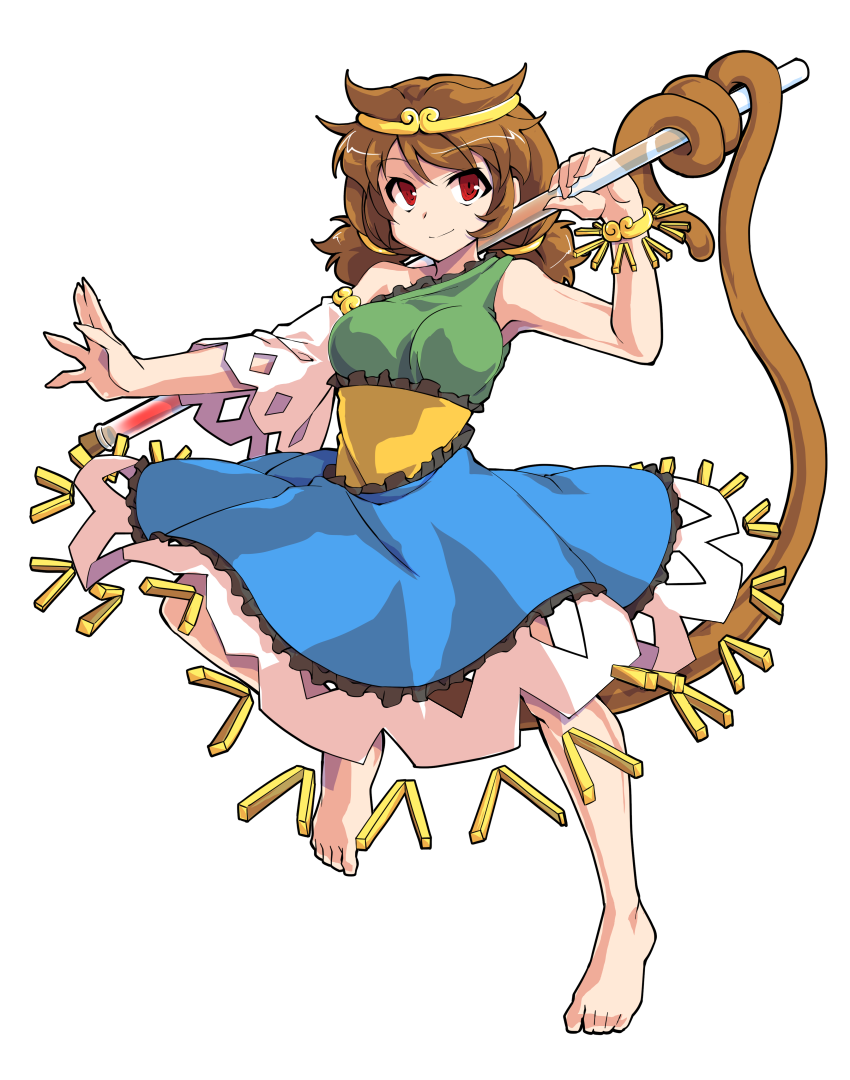 1girl alphes_(style) barefoot blue_dress brown_hair circlet closed_mouth dairi detached_sleeves dress full_body green_dress long_hair low_twintails monkey_tail multicolored_clothes multicolored_dress parody red_eyes single_detached_sleeve smile solo son_biten standing style_parody tachi-e tail test_tube touhou transparent_background twintails white_sleeves yellow_dress