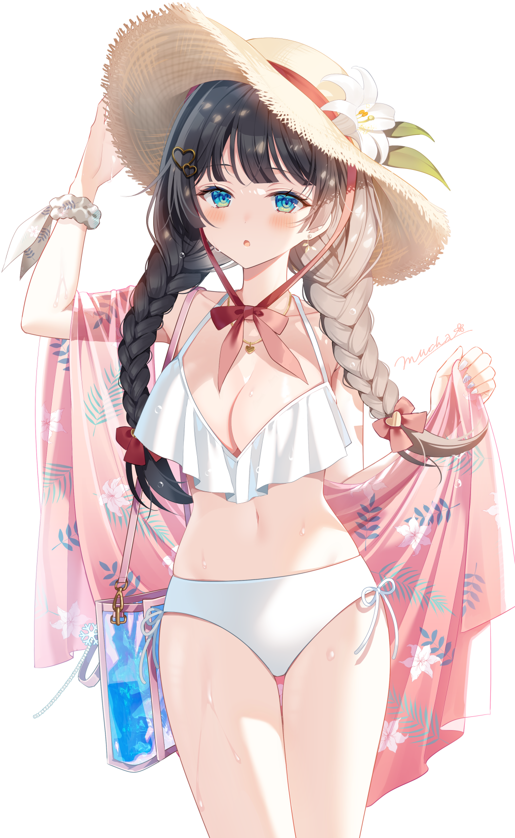 1girl arm_up bag bare_shoulders bikini black_hair blue_eyes braid breasts cleavage cowboy_shot flower halterneck hat highres long_hair medium_breasts myusha navel open_mouth pectorals red_ribbon ribbon scrunchie see-through shirayuki_hina shoulder_bag side-tie_bikini_bottom solo stellive stomach straw_hat swimsuit thighs twin_braids twintails virtual_youtuber wet white_background white_bikini wrist_scrunchie