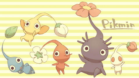 black_eyes blue_pikmin bud copyright_name flower leaf looking_at_viewer lounging lowres lying mugita_konomi no_humans on_side pikmin_(creature) pikmin_(series) pink_flower pointy_ears pointy_nose purple_hair purple_pikmin red_eyes red_pikmin short_hair sitting solid_circle_eyes striped striped_background triangle_mouth very_short_hair waving white_background white_flower white_pikmin yellow_background yellow_pikmin