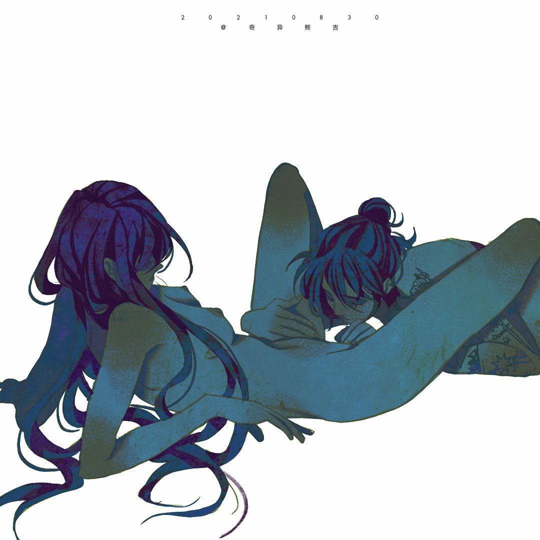 2girls arm_rest arm_tattoo between_legs breasts closed_eyes dated hand_between_legs hand_on_another's_leg imminent_cunnilingus long_hair luoman19921 medium_breasts multiple_girls nipples original short_hair short_ponytail simple_background spread_legs tattoo white_background yuri