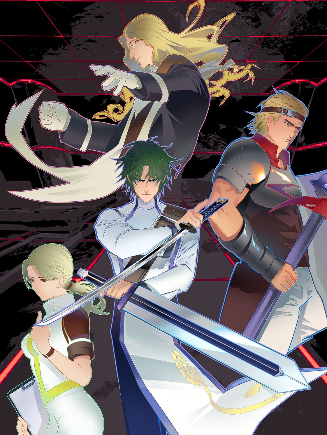 3boys arc_the_lad arc_the_lad_iii armor blonde_hair breasts clipboard closed_mouth dress glasses gloves green_hair headband highres holding long_hair looking_at_viewer multiple_boys save_scene_a seville_(arc_the_lad) sharon_(arc_the_lad) sword weapon