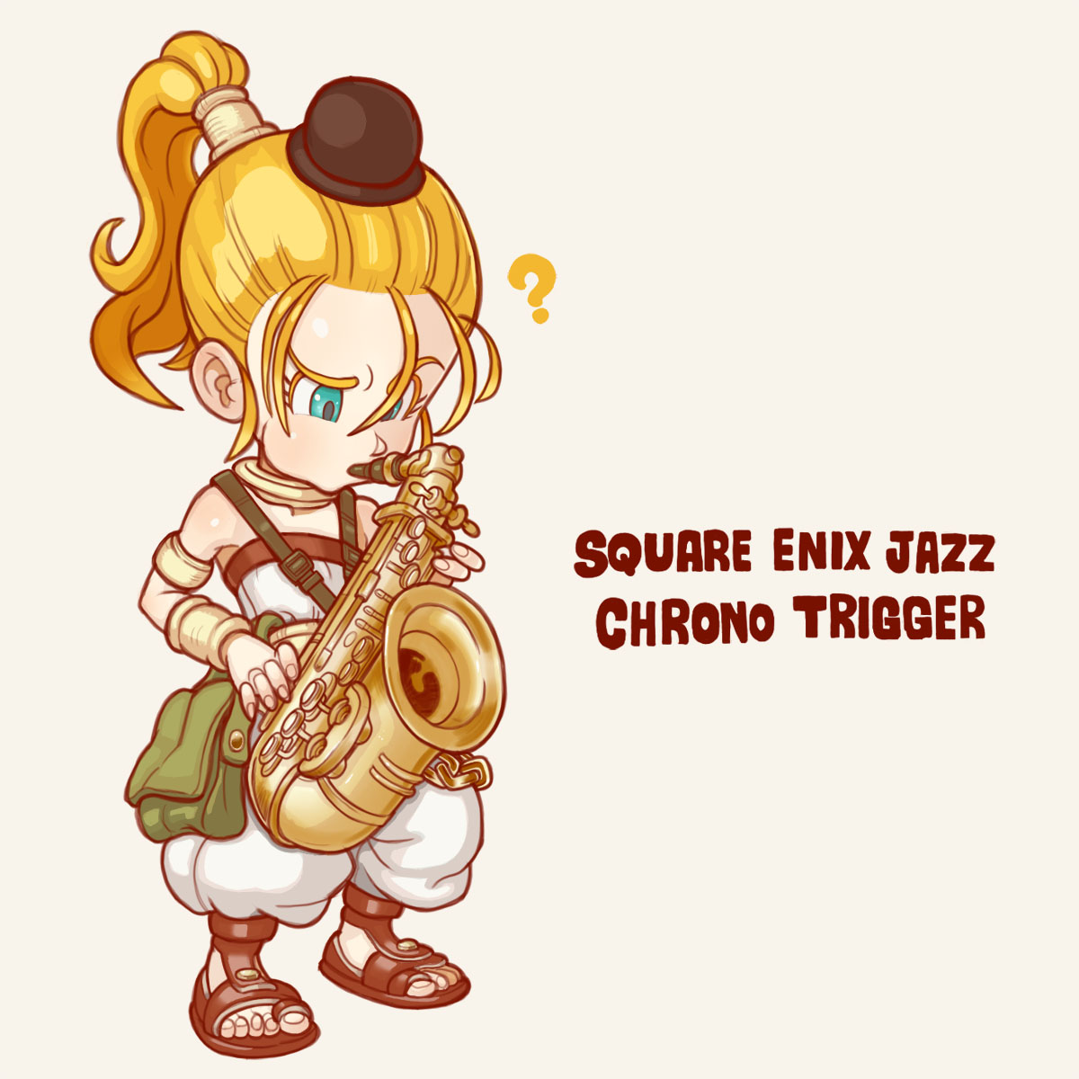 1girl ? bare_shoulders blonde_hair blue_eyes choker chrono_trigger copyright_name full_body haconiwart hat highres instrument long_hair marle_(chrono_trigger) mini_hat mini_top_hat ponytail saxophone simple_background solo toeless_footwear top_hat white_background