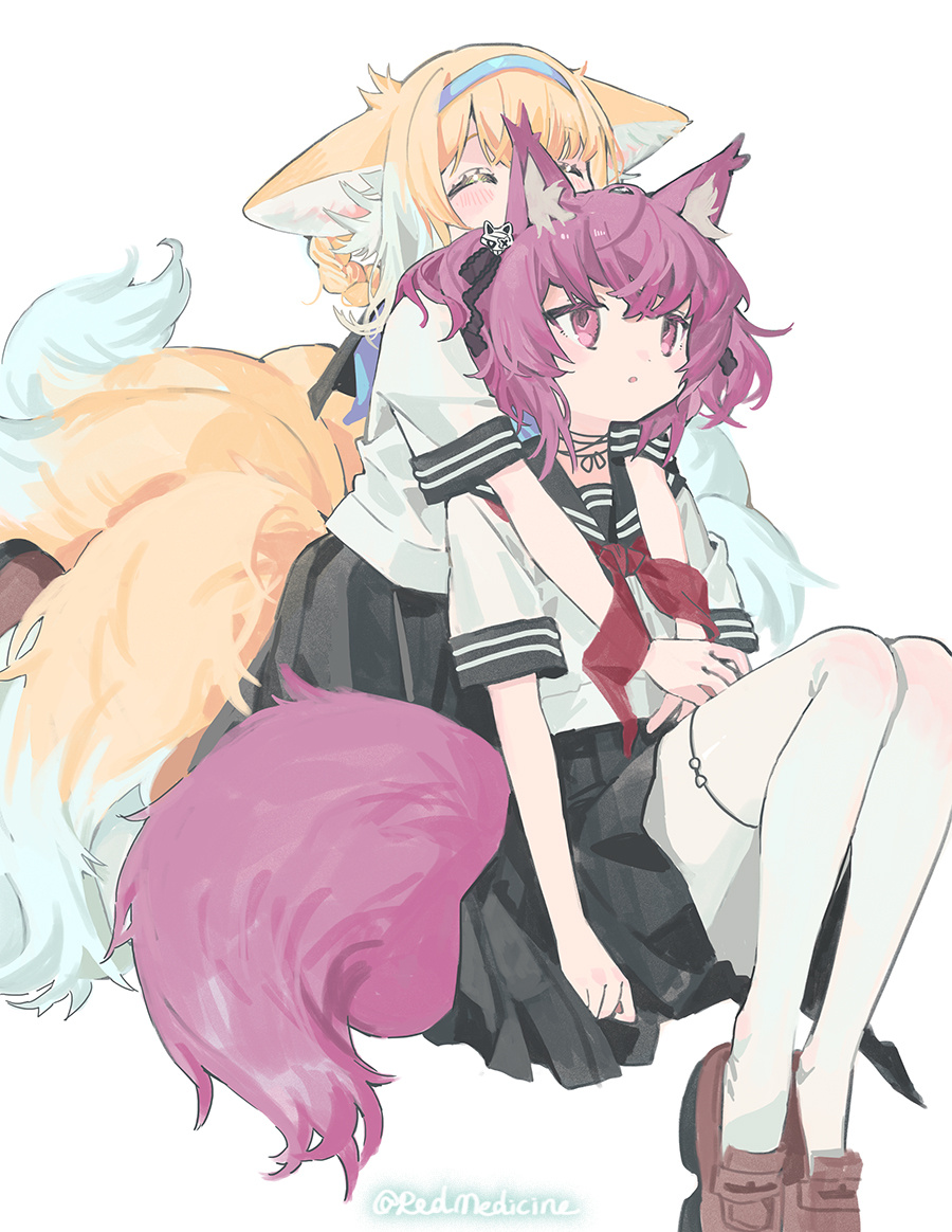 2girls alternate_costume animal_ear_fluff animal_ears arknights artist_name black_sailor_collar black_skirt blonde_hair braid brown_footwear chinese_commentary closed_eyes commentary_request fox_ears fox_girl fox_tail hug hug_from_behind kitsune kneeling knees_up kyuubi looking_up matching_outfit multicolored_hair multiple_girls multiple_tails pantyhose parted_lips pleated_skirt purple_eyes purple_hair red_(girllove) red_ribbon ribbon sailor_collar school_uniform serafuku shamare_(arknights) shirt shoes short_hair short_sleeves sitting skirt suzuran_(arknights) tail twin_braids twintails two-tone_hair white_background white_hair white_pantyhose white_shirt