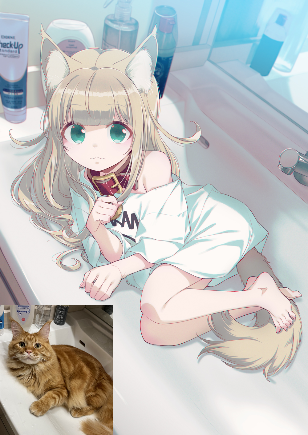 1girl 40hara :3 animal_collar animal_ear_fluff animal_ears aqua_eyes barefoot blunt_bangs cat cat_ears cat_tail closed_mouth collar commentary_request eyelashes faucet feet full_body hand_up highres indoors kinako_(40hara) legs_together light_brown_hair long_hair looking_at_viewer lying mirror off_shoulder on_side original oversized_clothes oversized_shirt photo-referenced photo_inset shirt sidelocks sink solo t-shirt tail toenails toes white_shirt