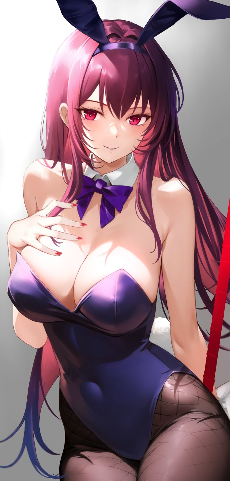 1girl animal_ears bare_shoulders breasts cleavage covered_navel detached_collar fake_animal_ears fate/grand_order fate_(series) fishnet_pantyhose fishnets gae_bolg_(fate) hair_between_eyes highleg highleg_leotard highres kameponde large_breasts leotard long_hair looking_at_viewer pantyhose playboy_bunny polearm purple_hair purple_leotard rabbit_ears red_eyes scathach_(fate) scathach_(piercing_bunny)_(fate) smile solo spear weapon