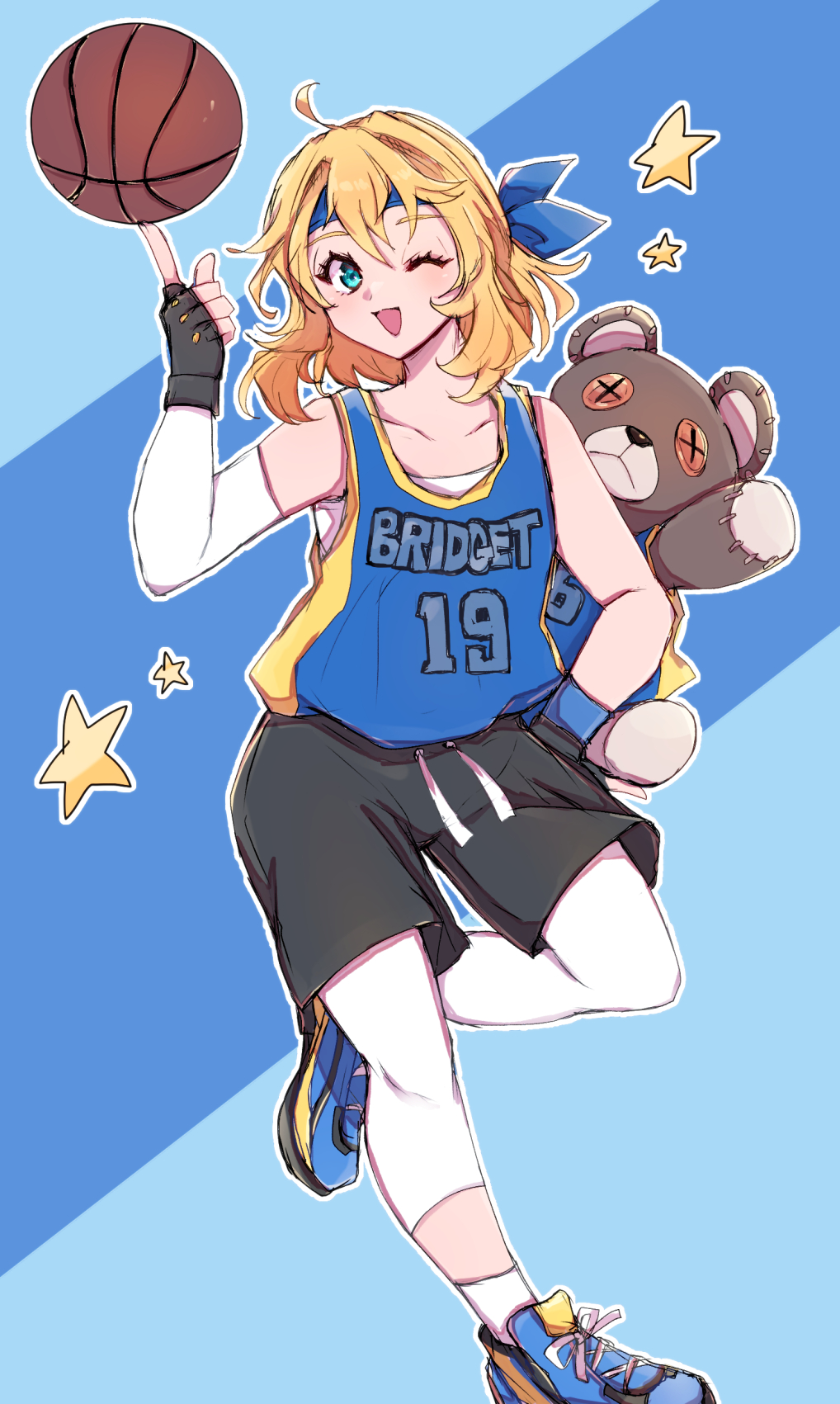 1boy ball bare_shoulders basketball_(object) basketball_uniform black_gloves blue_background blue_footwear blue_shirt blush bridget_(guilty_gear) character_name chemaru_(a8l) collarbone gloves guilty_gear guilty_gear_strive hand_in_pocket headband highres medium_hair one_eye_closed open_mouth otoko_no_ko roger_(guilty_gear) shirt shoes shorts solo sportswear star_(symbol) stuffed_animal stuffed_toy teddy_bear