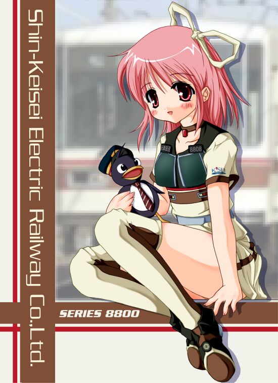 1girl 2000s_(style) :d archived_source ashita_yaru blush brown_choker brown_thighhighs choker collarbone commentary_request fingernails hair_ribbon medium_hair miniskirt open_mouth original personification pink_eyes pink_hair pleated_skirt ribbon short_sleeves single_vertical_stripe sitting skirt smile solo thighhighs train two-tone_legwear two-tone_thighhighs white_ribbon white_skirt white_thighhighs