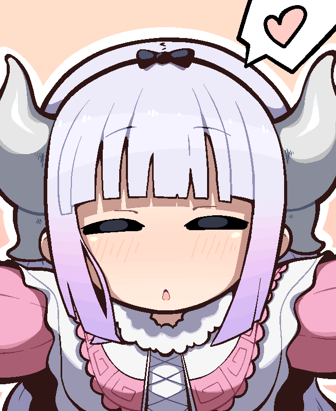 1girl =_= average-hanzo blunt_bangs blush closed_eyes commentary dragon_girl dragon_horns dress english_commentary heart horns incoming_kiss kanna_kamui kobayashi-san_chi_no_maidragon orange_background outline parted_lips purple_dress purple_hair reaching reaching_towards_viewer simple_background solo speech_bubble spoken_heart white_outline