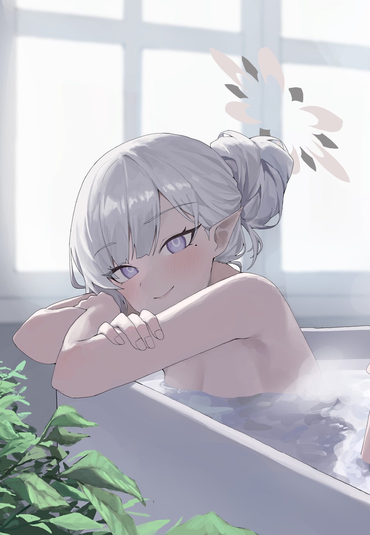 1girl alternate_hairstyle arm_support armpits bathtub blue_archive blunt_bangs blurry breasts cleavage commentary_request completely_nude crossed_arms depth_of_field hair_bun halo highres himari_(blue_archive) in_water indoors long_hair looking_at_viewer mole mole_under_eye nude plant pointy_ears purple_eyes sidelocks single_hair_bun sleeveless small_breasts solo taisaka_sab white_hair window