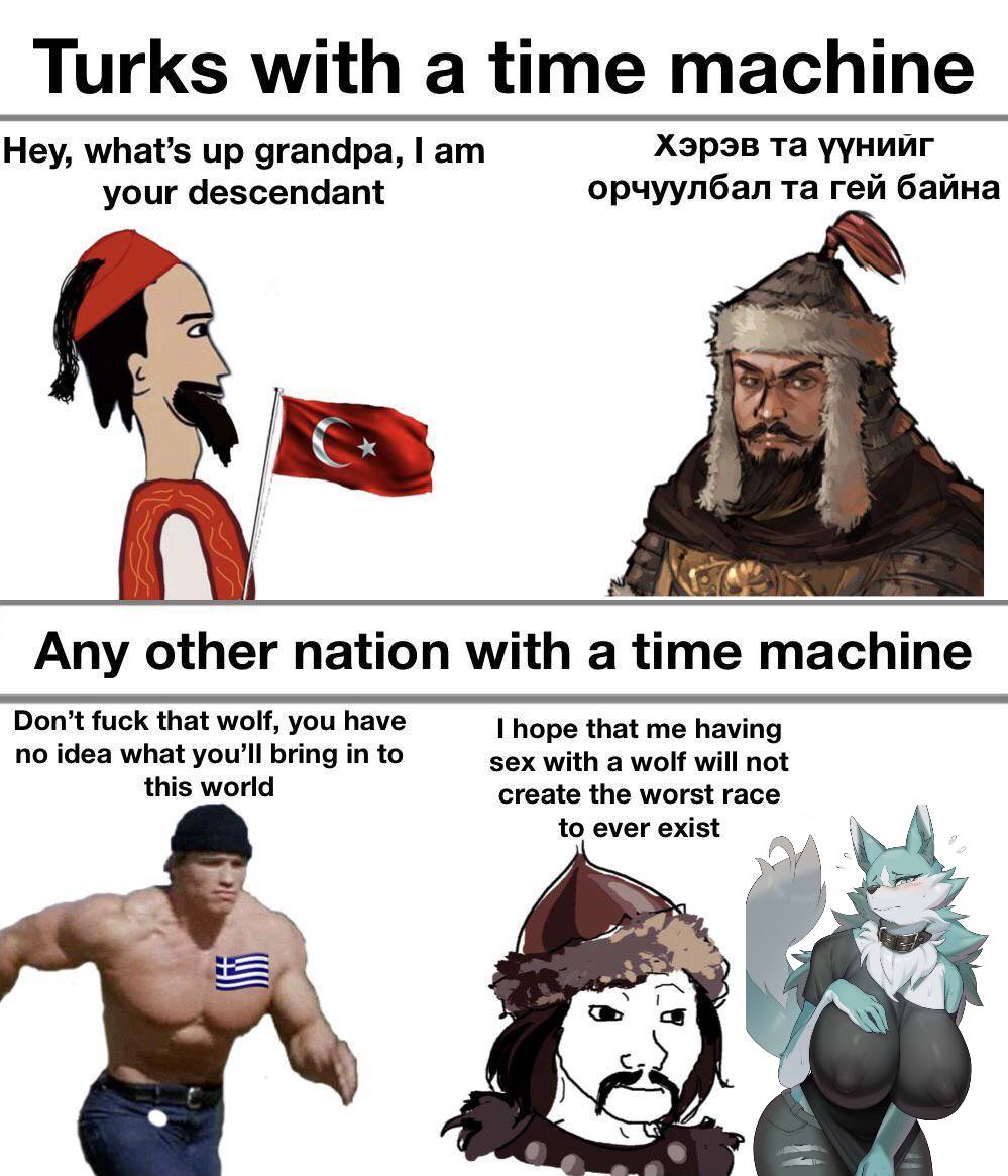 anthro arnold_schwarzenegger bestiality big_breasts breasts canid canine canis female feral fur genghis_khan greece_flag greek grey_body grey_fur group human humanoid male male/female mammal meme mongolian_clothing mythology simple_background soyjak text turkey_(country) turkish_flag unknown_artist white_background wolf