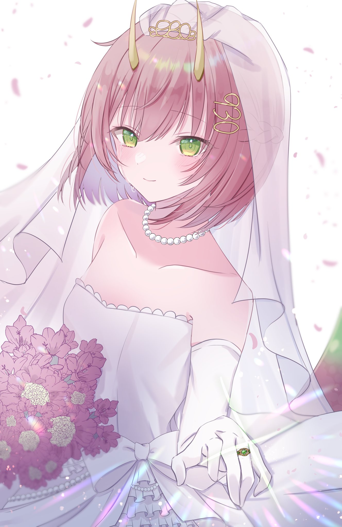 1girl bead_necklace beads blush bouquet bridal_veil dress elbow_gloves flower gloves green_eyes gusao highres jewelry necklace pink_flower pink_hair short_hair smile solo tiara veil wedding_dress white_dress white_gloves yellow_horns yomogi_mogu youtube