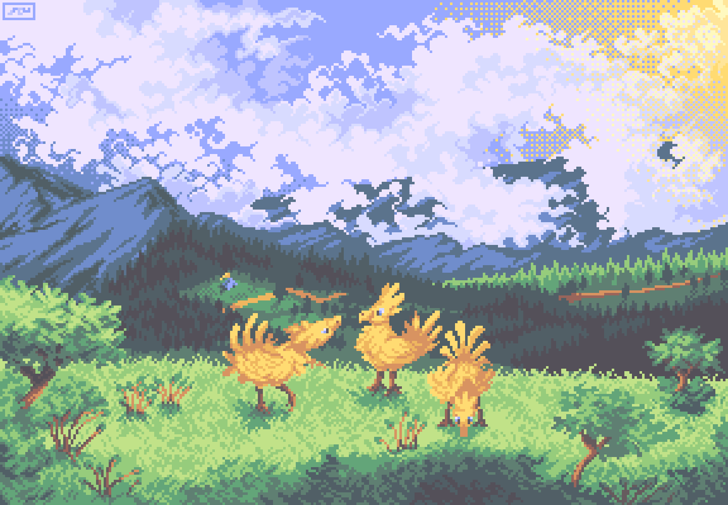 animal_focus beak bird blue_eyes chocobo cloud english_commentary feathers field final_fantasy forest grass house jrchair98 landscape mountain nature pixel_art scenery signature tail_feathers trail tree yellow_feathers