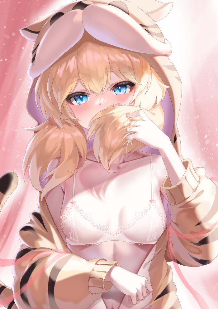 1girl animal_costume animal_hood animal_print betty_(ferocious_housecat)_(neural_cloud) betty_(neural_cloud) blonde_hair blue_eyes blush bra breasts ehart girls'_frontline girls'_frontline_neural_cloud hair_over_mouth hood idw_(girls'_frontline) long_sleeves looking_at_viewer medium_breasts official_alternate_costume open_clothes solo tiger_costume tiger_print underwear upper_body white_bra