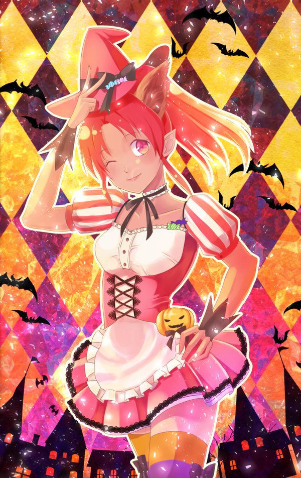 1girl animal_ears argyle argyle_background bat_(animal) closed_mouth collarbone dress fake_animal_ears halloween_costume hat jack-o'-lantern long_hair looking_at_viewer macchi_theo millie_chliette one_eye_closed orange_thighhighs pink_eyes pink_hair pointy_ears ponytail skirt smile solo star_ocean star_ocean_anamnesis star_ocean_first_departure thighhighs v witch_hat